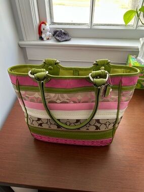 Coach Vintage Y2K Bleeker Daisy Pink and Green Stripe Tote